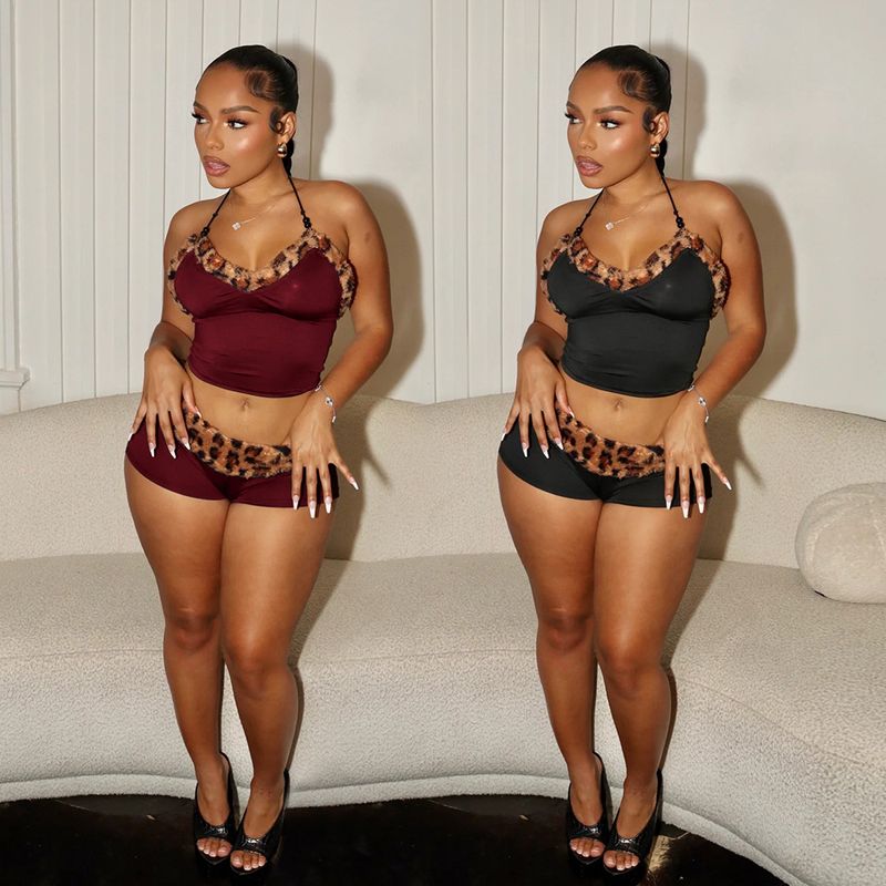 Leopard Print Two-Piece Set Women's Sexy Tie-Front Crop Top & Mini Skirt_voghion.com