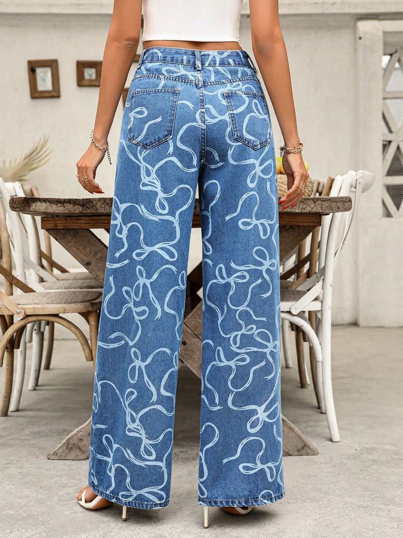 Pantaloni larghi in denim lavato da donna, casual, con stampa, a gamba larga - Comodi pantaloni a vita alta in misto cotone per tutti i giorni (blu, XS/S/M/L/XL)_voghion.com