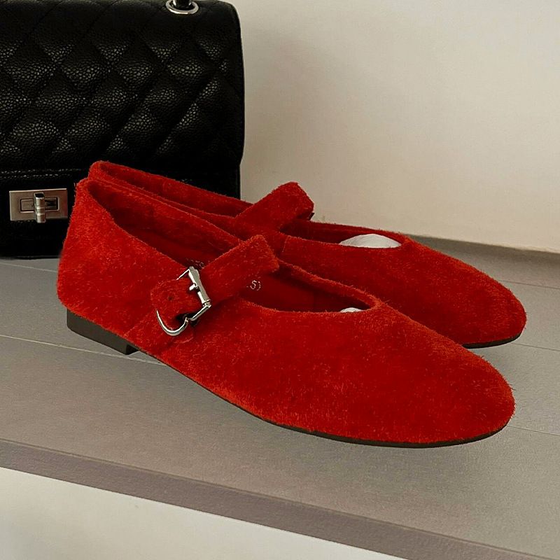 Cowhide Version Version Of Round Toe Mary Jane Shoes, Brushed Cowhide Shallow Mouth Flat Shoes, Red Single Shoes For Women_voghion.com