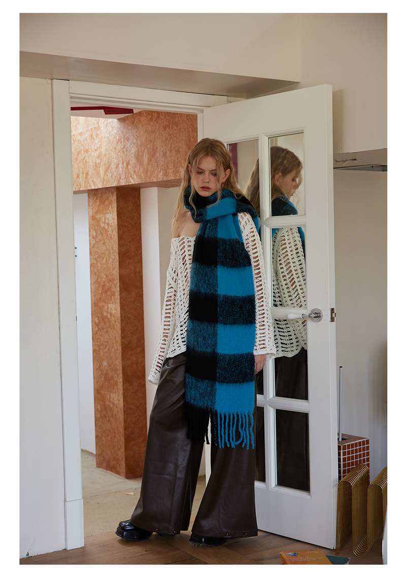 Sciarpa retrò in lana a quadri grandi da donna, autunno e inverno, calda e morbida, con atmosfera cerosa_voghion.com