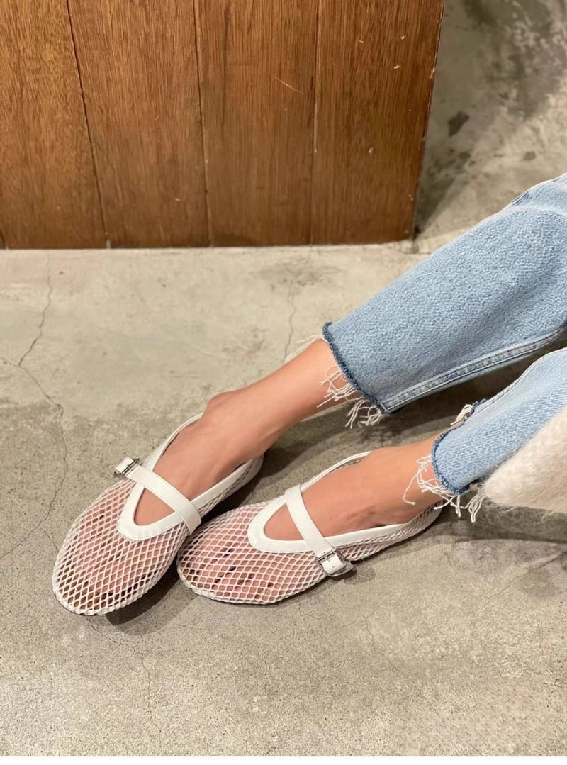 Fishnet Shoes Hollow Ballet Shoes Women's Buckle Outer Wear Flat Bottom Mesh Retro Mary Jane Single Shoes_voghion.com