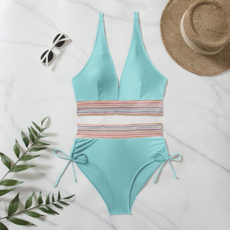 Women's Bikini High-waisted Split Color Matching Set Tether Pull Up Swimsuit_voghion.com