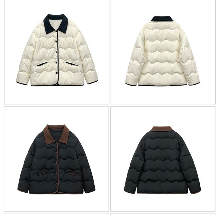 Cappotto corto leggero in velluto a coste con revers, a blocchi di colore, per donna, autunno inverno 2025, imbottito in cotone_voghion.com