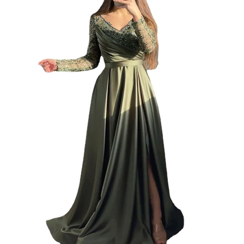 Vêtements pour femmes poitrine enveloppée à volants rouge noir vert taille moyenne couleur unie tempérament dentelle jupe longue robe robe de soirée_voghion.com