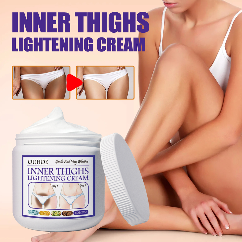 Crema schiarente idratante per la pelle, con sedimentazione nera, per la parte interna della coscia._voghion.com