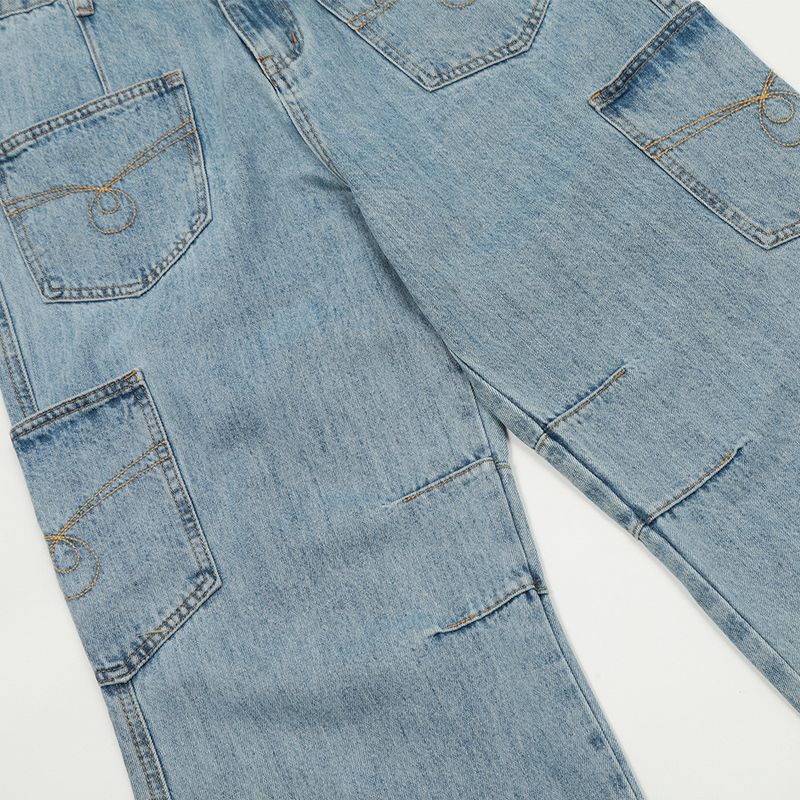 Design Sense, pantaloni cargo in denim multitasche da uomo, lavato, con tasca applicata ricamata, personalità di nicchia, gamba dritta_voghion.com