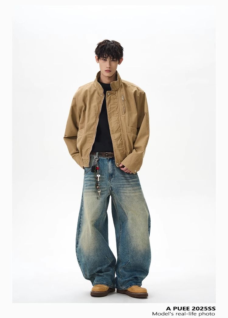 Vintage Aviator Jacket Men's Casual Bomber Coat Cotton Short Jacket Retro Loose Fit Stand Collar Workwear Top For Spring Autumn_voghion.com