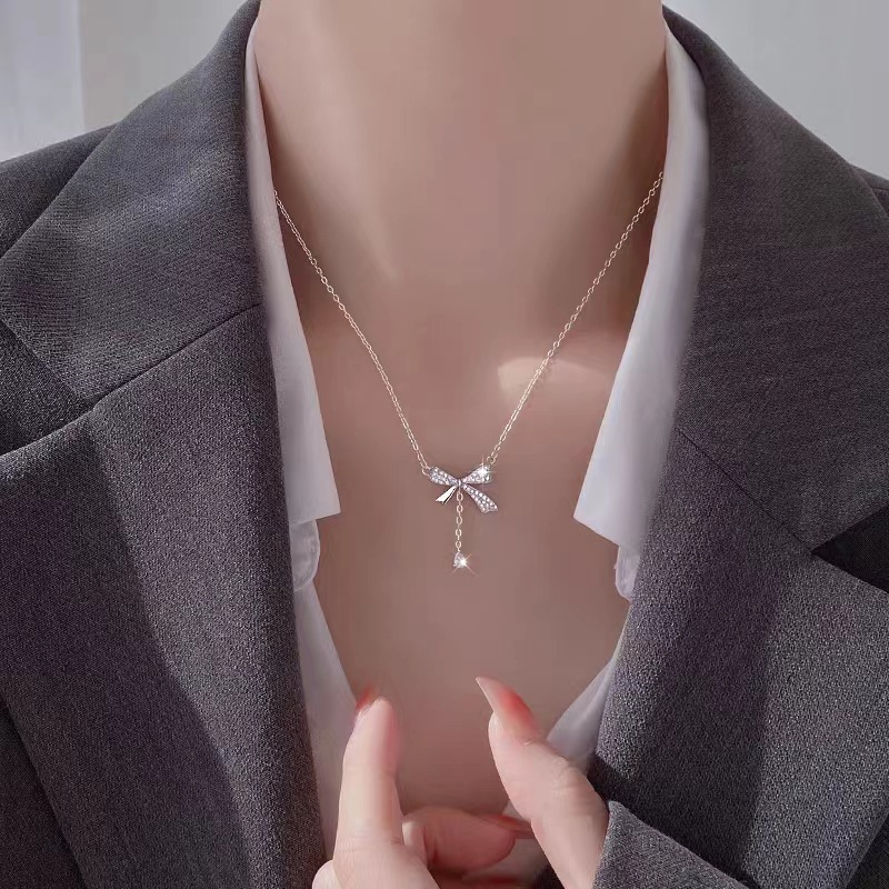 Full diamond tassel bow pendant for women's light luxury niche collarbone chain Instagram minimalist and elegant_voghion.com