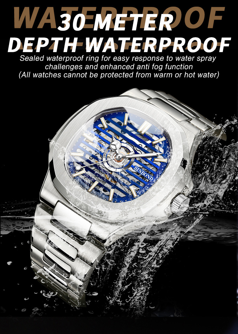 Montre homme d'affaires avec bracelet en acier inoxydable, aiguilles lumineuses, cadran squelette, mouvement automatique, étanche._voghion.com