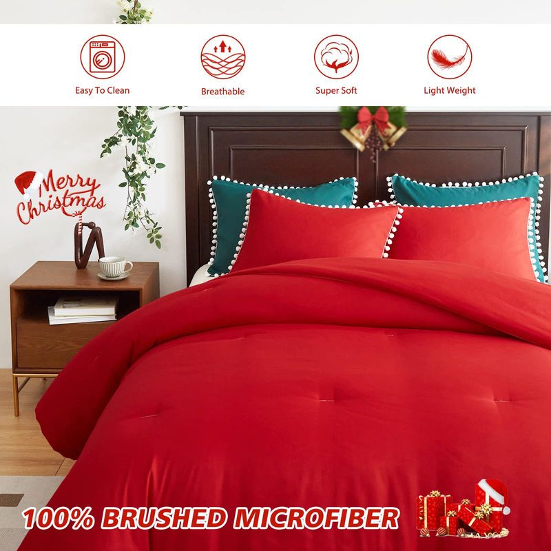 Steppdecken-Set, rot, Bohemian-Stil, Ball-Quaste, Fett-Steppdecke, Chemiefaser-Steppdecke, dreiteiliges Set_voghion.com