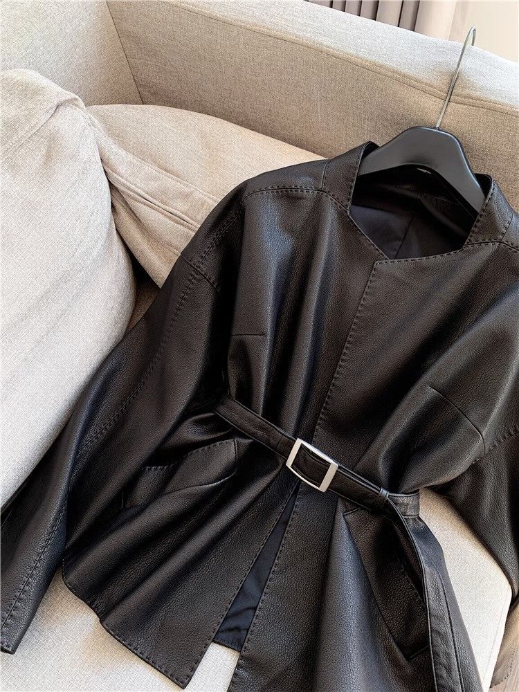Women's Clothing retro leather jacket short fashion spring and autumn leather jacket small size slim and stylish Outerwear_voghion.com