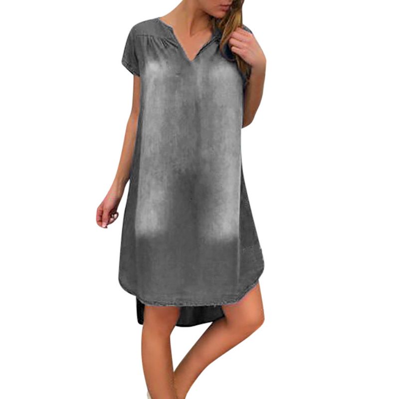 Lässiges, einfarbiges, kurzärmeliges Jeanskleid mit V-Ausschnitt für Damen_voghion.com