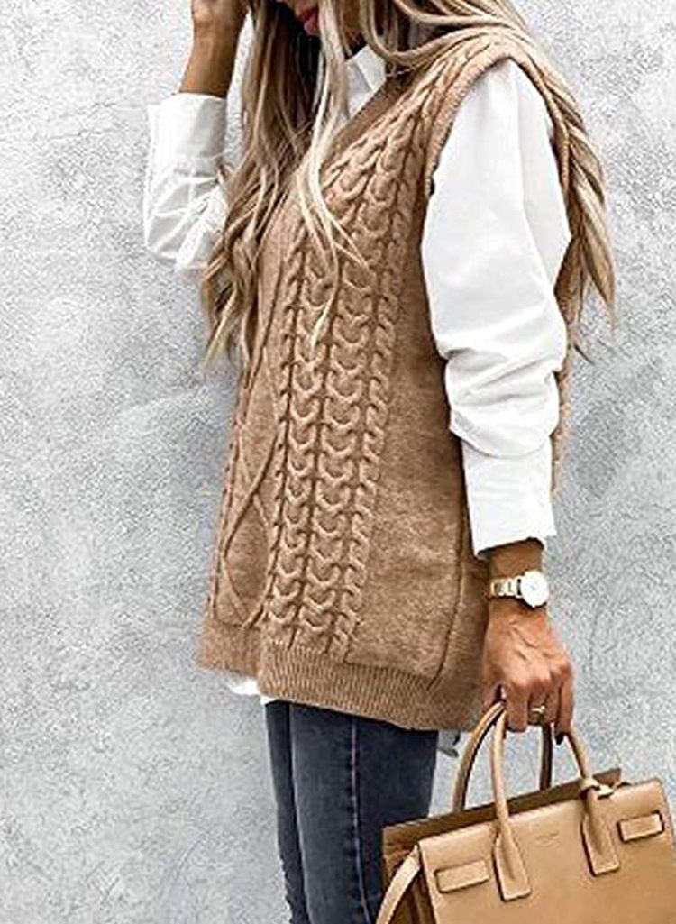 Gilet oversize in maglia a trecce per donna – Maglione senza maniche con scollo a V spesso in morbido acrilico_voghion.com