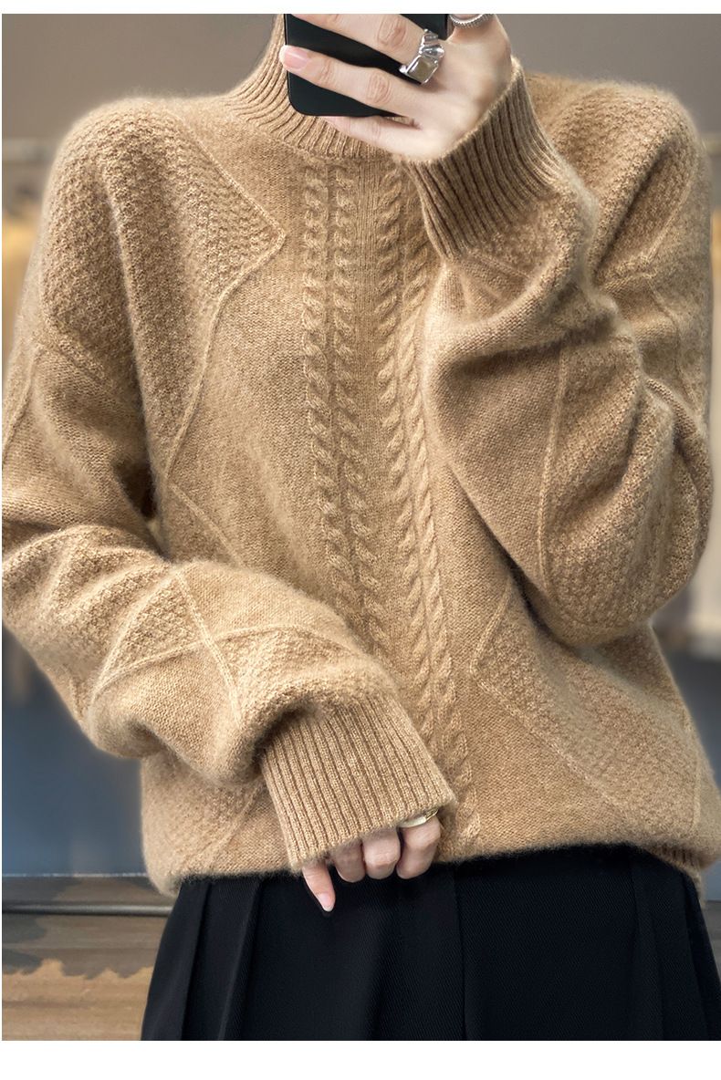 Oversize-Pullover aus grobem Strick – Weicher Pullover mit hohem Kragen für Damen (Altrosa/Kamel/Beige)_voghion.com