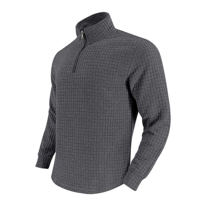Roupas masculinas com gola alta e zíper, moletom com estampa xadrez pequena, poliéster respirável, leve, confortável, casual, esportivo_voghion.com