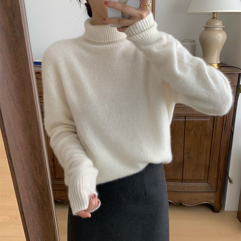 Grobstrickpullover mit hohem Halsausschnitt für Damen – Übergroßer, lässiger Rollkragenpullover, weiche Acrylmischung, einfarbiges Thermo-Oberteil für den Winter (Grau, Schwarz, Beige)_voghion.com