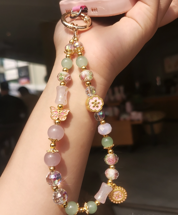 Mobiltelefon-kötél, kínai stílusú üvegvirág medál karkötő, női lánc, rövid csuklódíszes lánccsipesz,_voghion.com