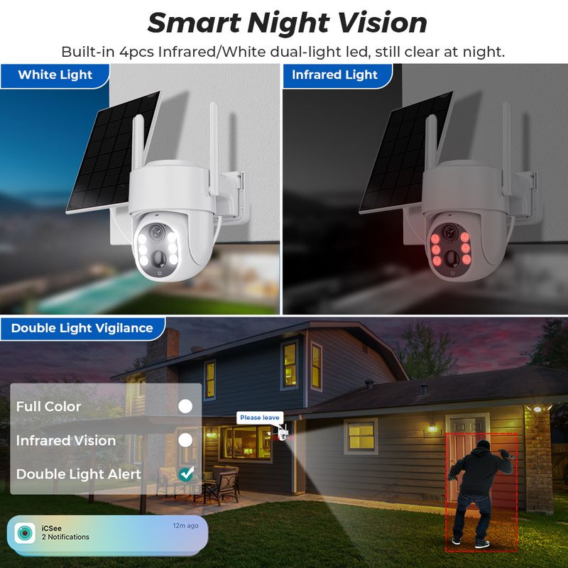 Solar Security Camera WiFi Outdoor - PTZ 360° View Low Power Consumption Rechargeable Battery Weatherproof Night Vision Motion Detection_voghion.com