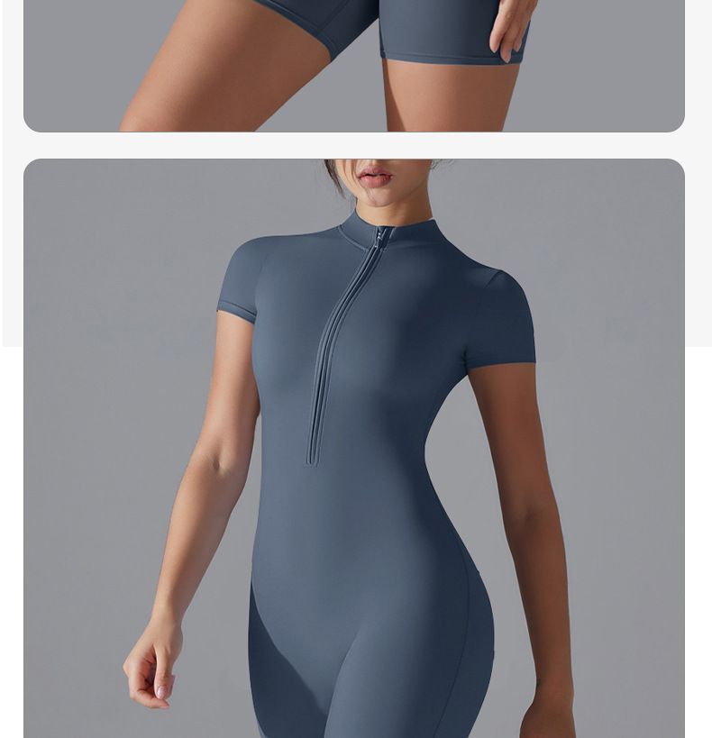 Combinaison courte moulante à fermeture éclair semi-ouverte et élastique de couleur unie, style européen et américain, pour danse, fitness, sport_voghion.com