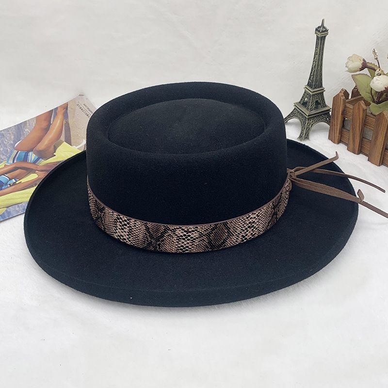 chapeau haut de forme à large nœud en feutre de laine simple vintage Chapeau de jazz noir_voghion.com