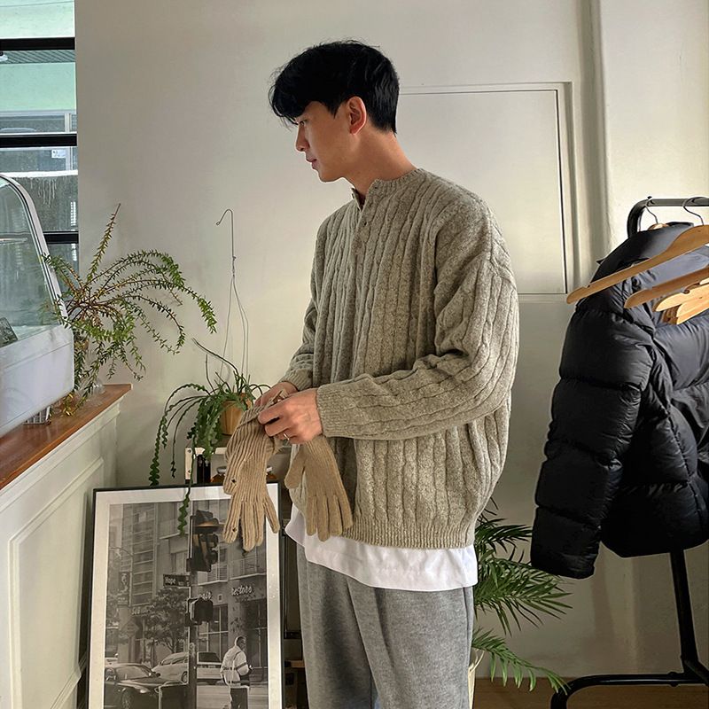 Maglione pullover in maglia a trecce con colletto Henry MYQ per uomo, invernale, caldo, stile coreano, alla moda, ampio e lavorato a maglia_voghion.com