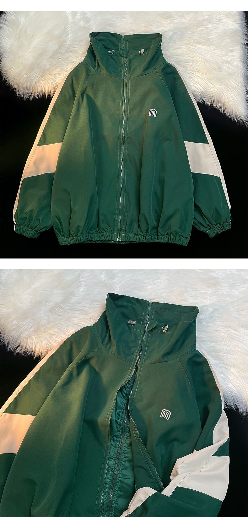 American Retro Workwear Jacket - Unisex Loose-Fit Spring/Autumn Color-Block Stand Collar Couple's Windbreaker_voghion.com