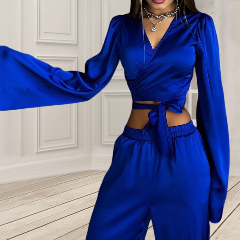 Autumn solid color long-sleeved tops straight trousers casual suit two-piece set_voghion.com