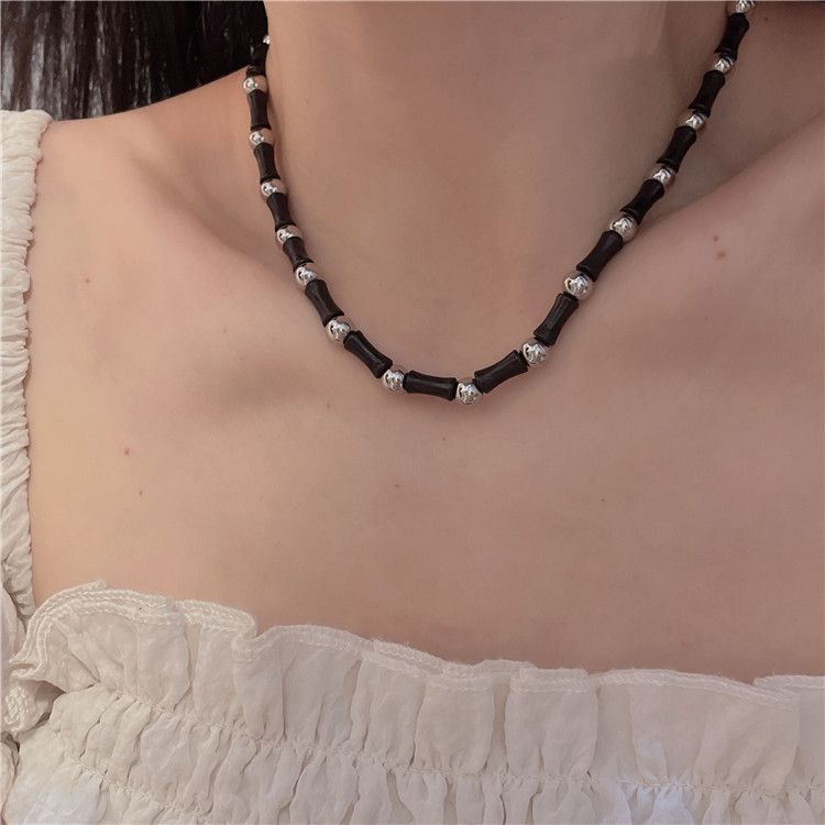 Natural Stone Round Pendant Double Layer Vintage Handmade Necklace For Women Niche Bamboo Joint Clavicle Chain Ethnic_voghion.com