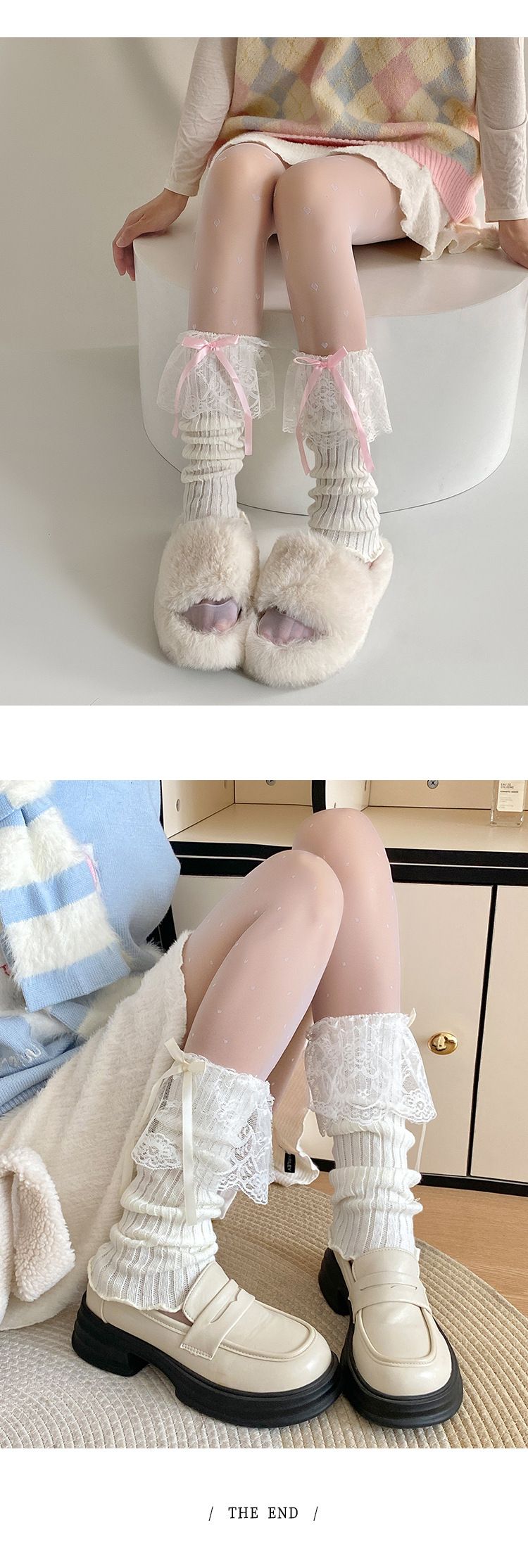 Leg Warmers Lolita Ballet Boot Socks – Elegant Lace & Bow Wool Leg Warmers For Women (Black/White/Pink, One Size)_voghion.com