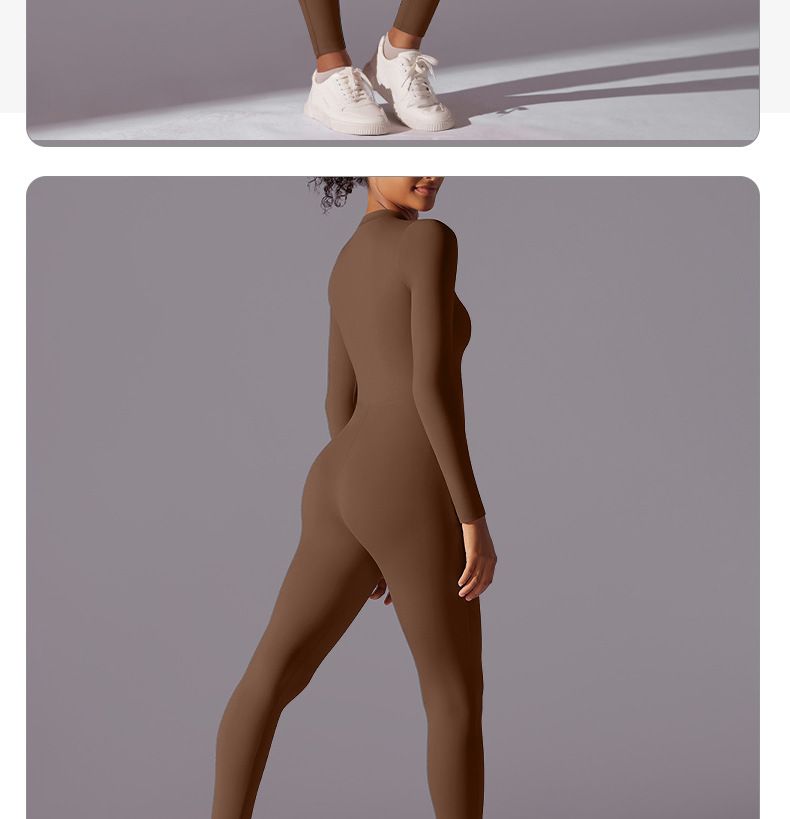 Vêtements pour femmes, fermeture éclair, nu, manches longues, yoga, une pièce, serré, sport, fitness, entraînement et danse, une pièce serrée_voghion.com