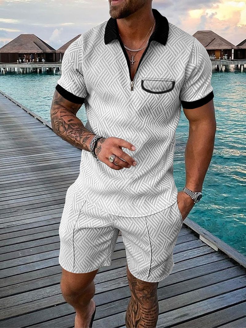 Lässiges bedrucktes Kurzarm-Poloshirt-Set für Herren, Sportbekleidung, bequem, atmungsaktiv, Reißverschluss am Hals, T-Shirt und Poloshirt_voghion.com