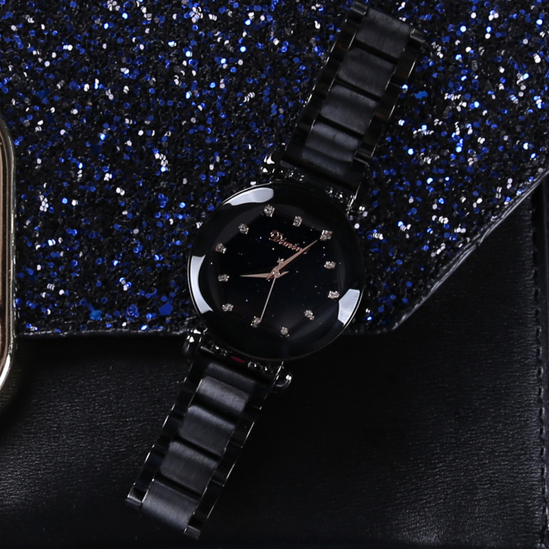 Demini Starry Sky Plate con cinturino in acciaio con diamanti Orologio da donna alla moda con doppio pulsante in oro rosa e viola_voghion.com