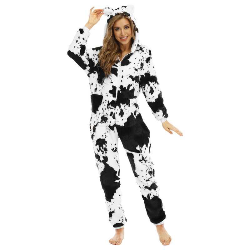 One piece drop shipping women's cow thickened double-sided velvet ear jumpsuit pajamas home clothes_voghion.com