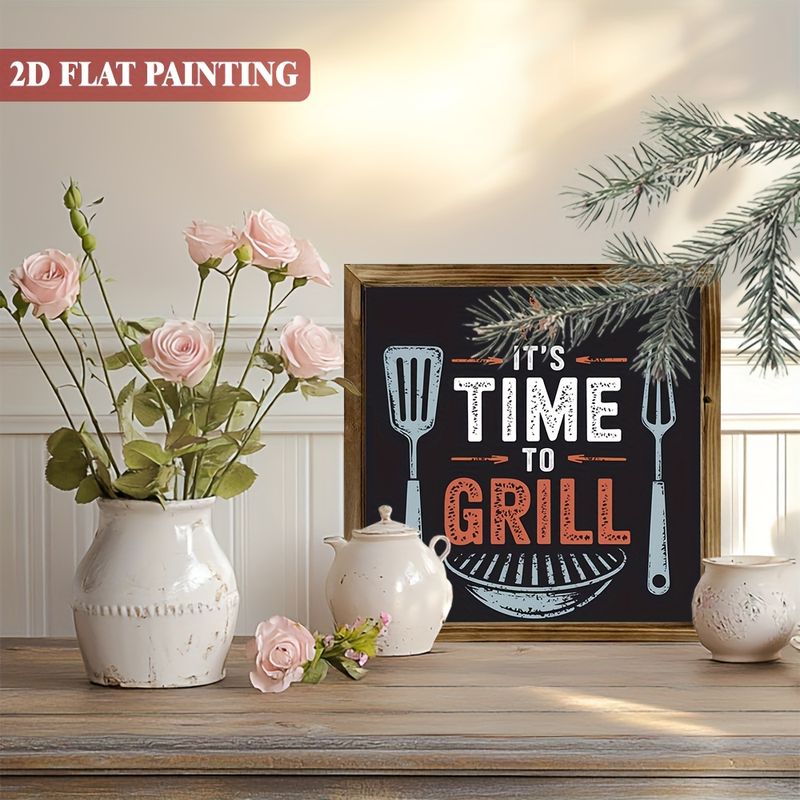 Placa rústica de madeira "É hora de grelhar" - Arte para churrasco de 20x20 cm. Perfeita para cozinha, quintal ou como presente de verão._voghion.com