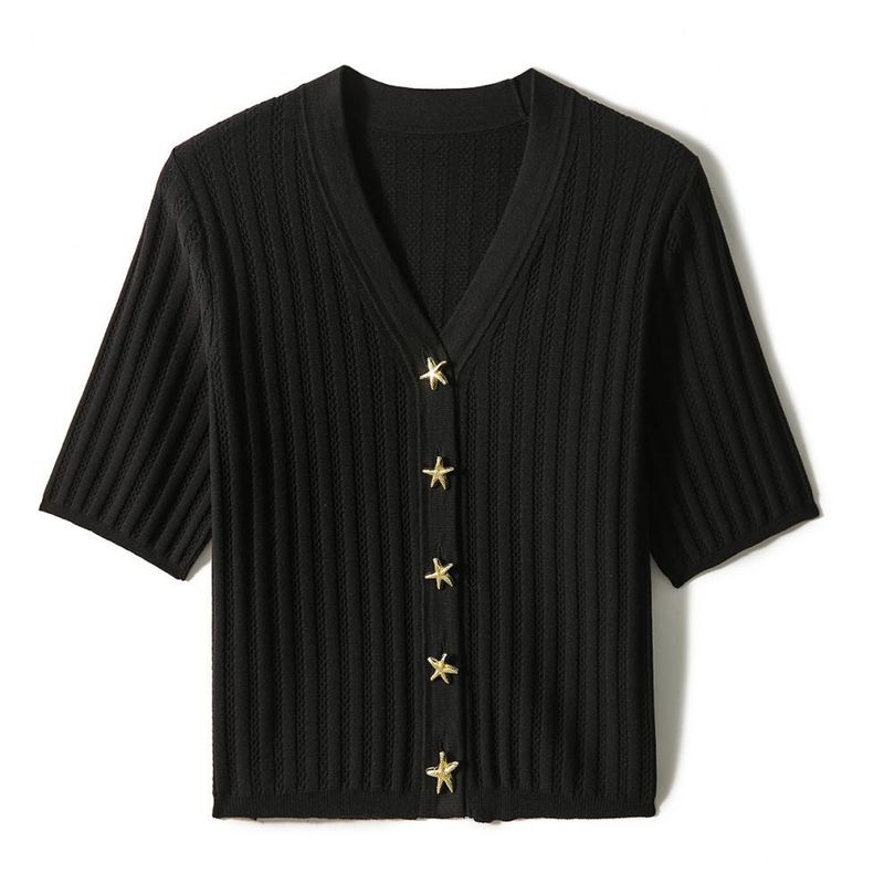 Maglietta a maniche corte con scollo a V francese spessa, delicata e alla moda, estiva 2024 da donna_voghion.com