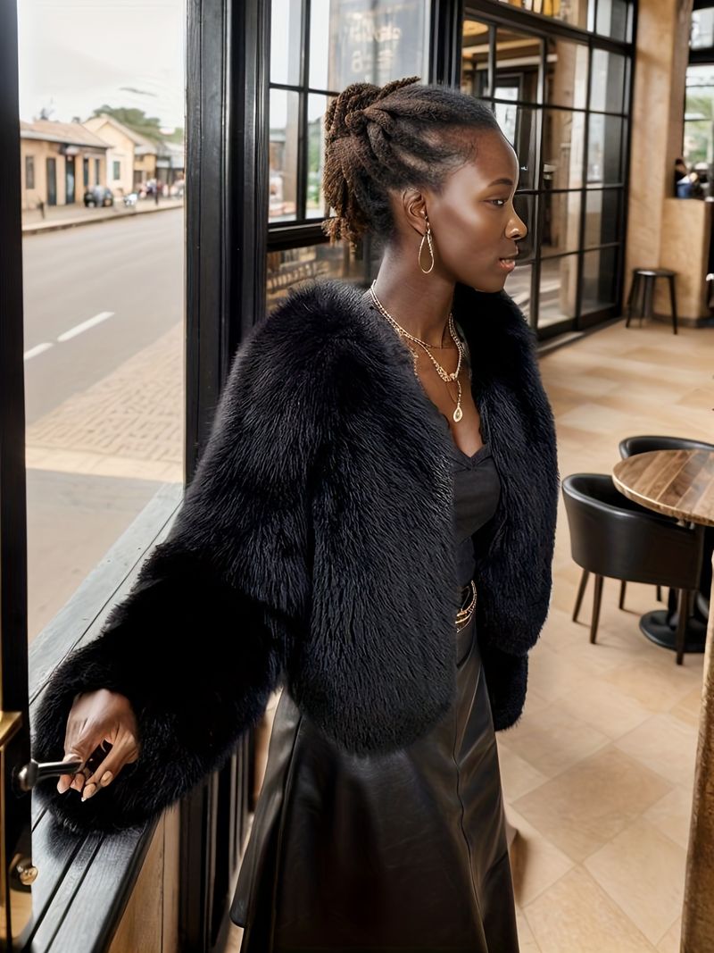 Cappotto casual da donna foderato in pelliccia - Giacca corta a maniche lunghe in tinta unita con finiture in pelliccia, lavaggio/asciugatura a mano_voghion.com