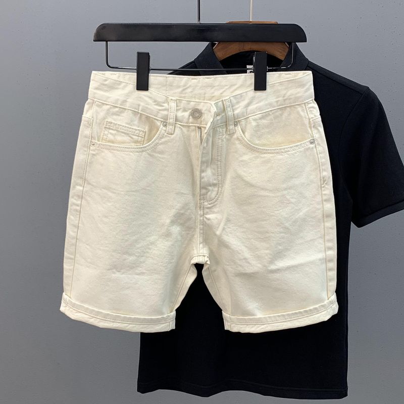 Raw Hem Khaki Slim Fit Denim 2025 Summer New Trendy Men's Casual Four-Five-Point Shorts_voghion.com