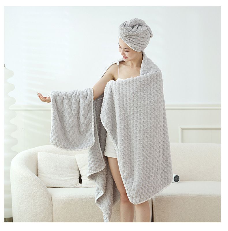 Coral Fleece Cloud Grid Towel Does Not Absorb Water, Bath Towel Adult Shower Cap Set_voghion.com