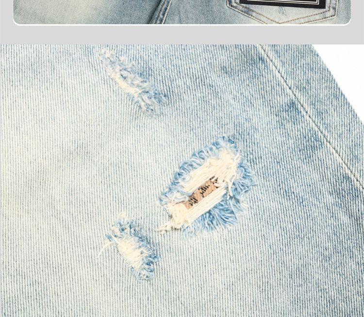 Pantaloncini in denim vintage azzurro chiaro effetto consumato per uomo - Comodi pantaloncini estivi casual in cotone elasticizzato con dettagli strappati_voghion.com