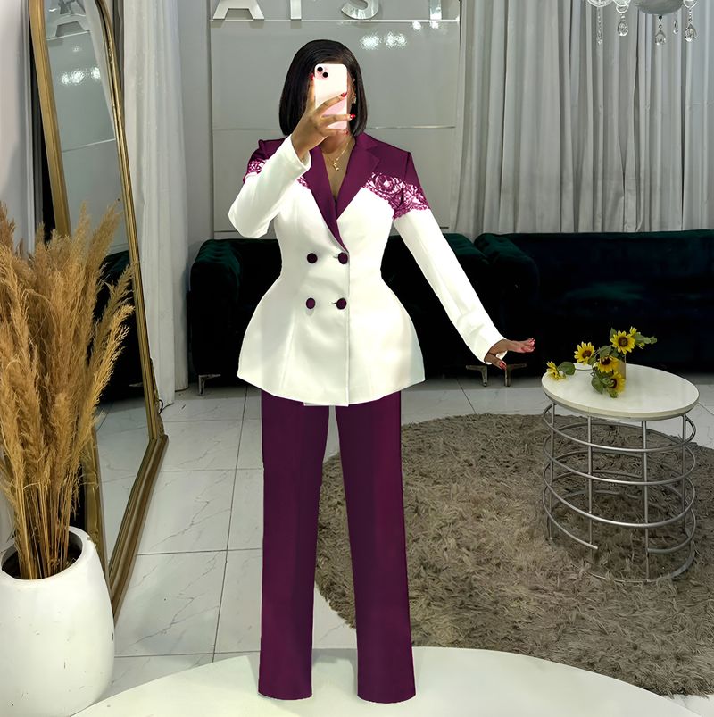 Conjunto de terno elegante com painel de renda elástica para mulheres - Blazer e calça slim fit (preto/roxo/azul, P-3GG)_voghion.com