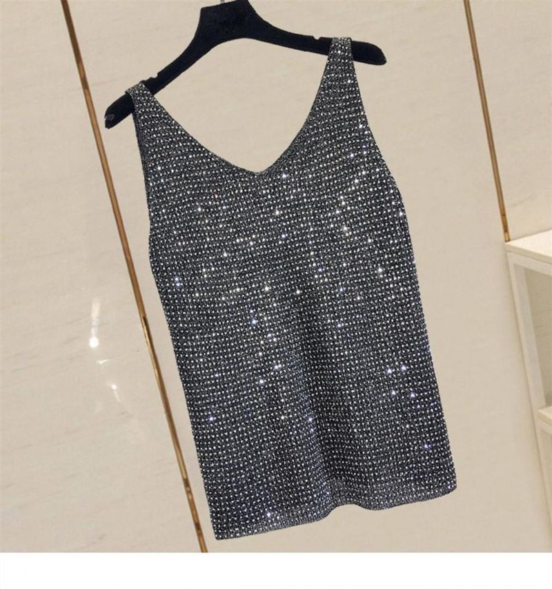 Women’s Clothing Loose Bright Silk Hot Diamond Summer Korean Ice Silk Heavy Knitted Sequined Vest New Style Bottom Outer Wear Sleeveless Top_voghion.com