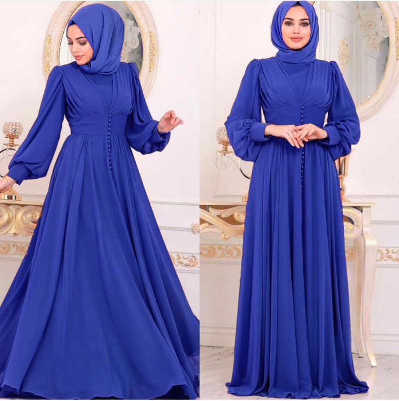 Women's Robes Solid Color Chiffon Beaded Tunic Dress Muslim Abaya_voghion.com