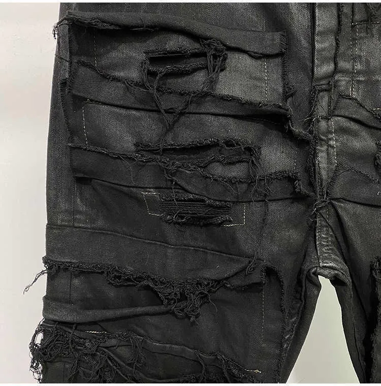 Männer IEFB Neue Darkwear Männer Beschichtete Jeans Multi Thread Dekoration Wachs Bürsten Tuch Elastische High Street 2022 Männlich_voghion.com