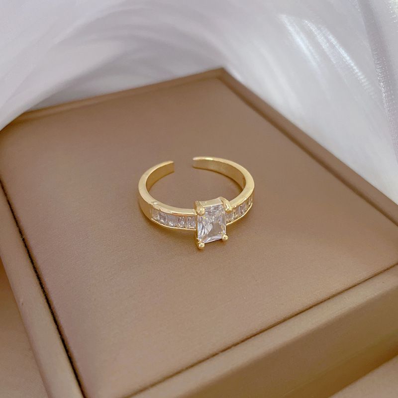 【 Oro vero 】 Anello da sposa con diamanti quadrati e zirconi pieni con apertura regolabile, anello semplice fatto a mano, anello di coppia_voghion.com