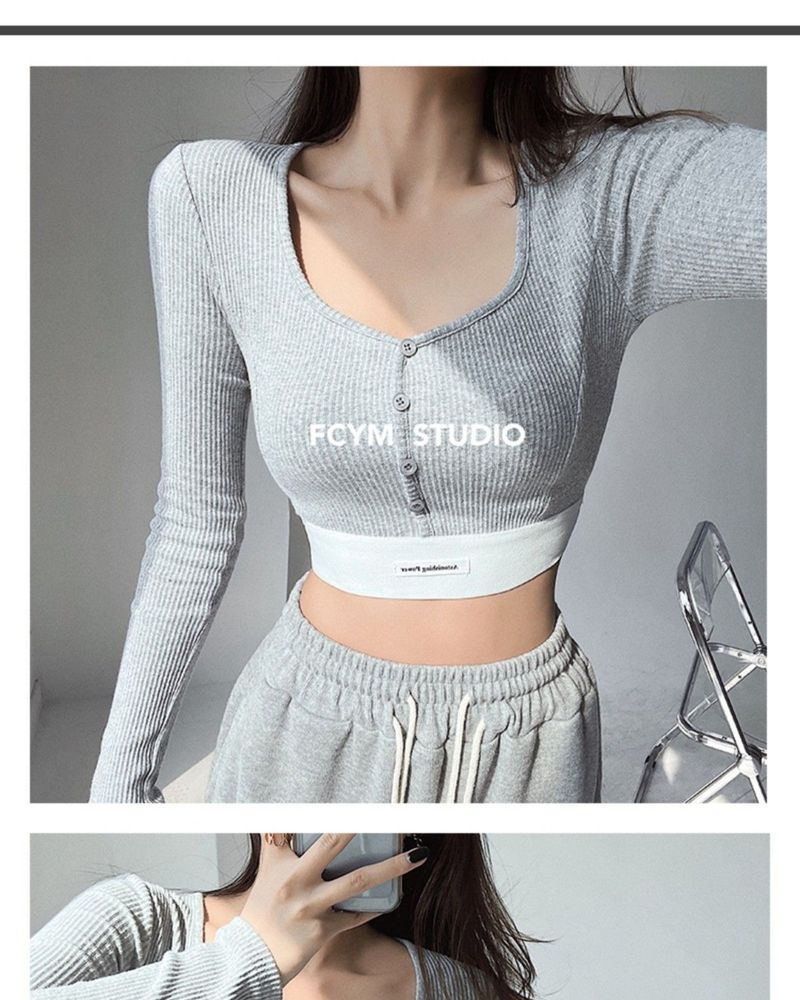 Maglietta sexy attillata e attillata a maniche lunghe per ragazze piccanti da donna, con etichetta monopetto, scollo quadrato e scollo a V._voghion.com