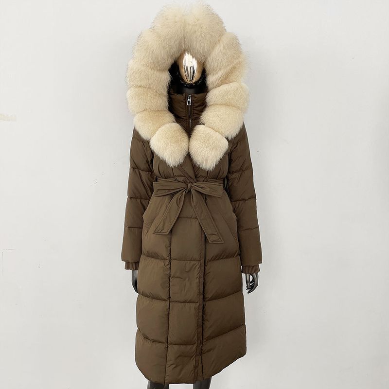 Fox Fur Large Collar Down Jacket With Hood And Long Style For Winter, Slim Waist And Knee Length Thickened Women's Coat_voghion.com