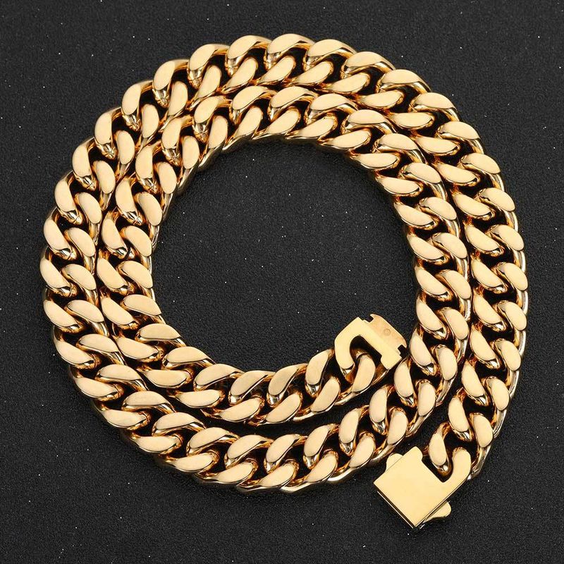 Men's Jewelry Stainless Steel Smooth Buckle Encryption Four Sided Grinding Cuban Necklace Real Gold Electroplating Hip Hop Titanium Steel_voghion.com