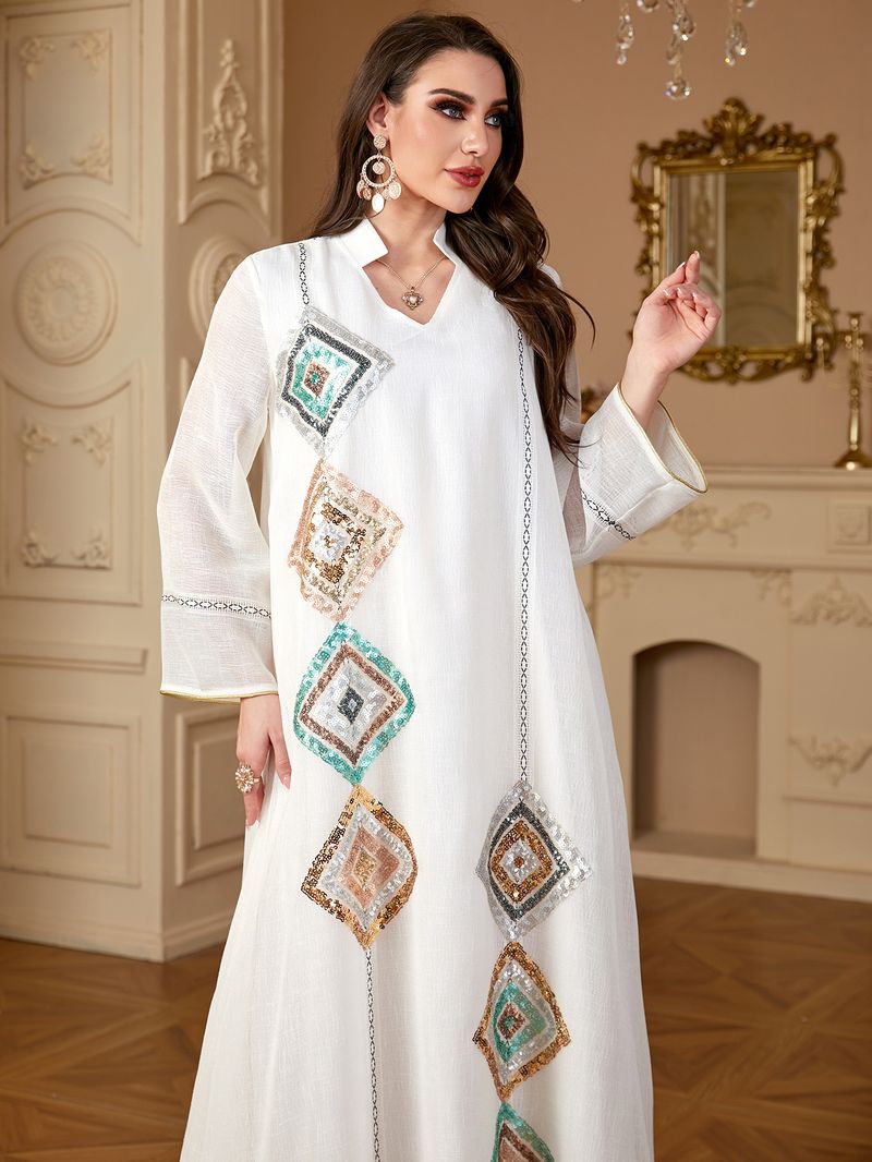 Women's Clothing Muslim Middle East Sleeved Abaya Sequined Long Skirt Saudi Arabia Dubai Dress_voghion.com