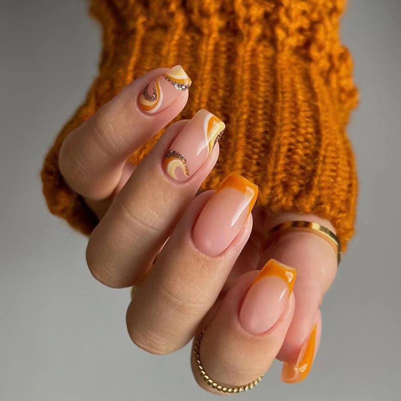 Faux ongles à tête carrée, 24 pièces, avec feuille d'or, mi-longs, cercueil français, couverture complète_voghion.com