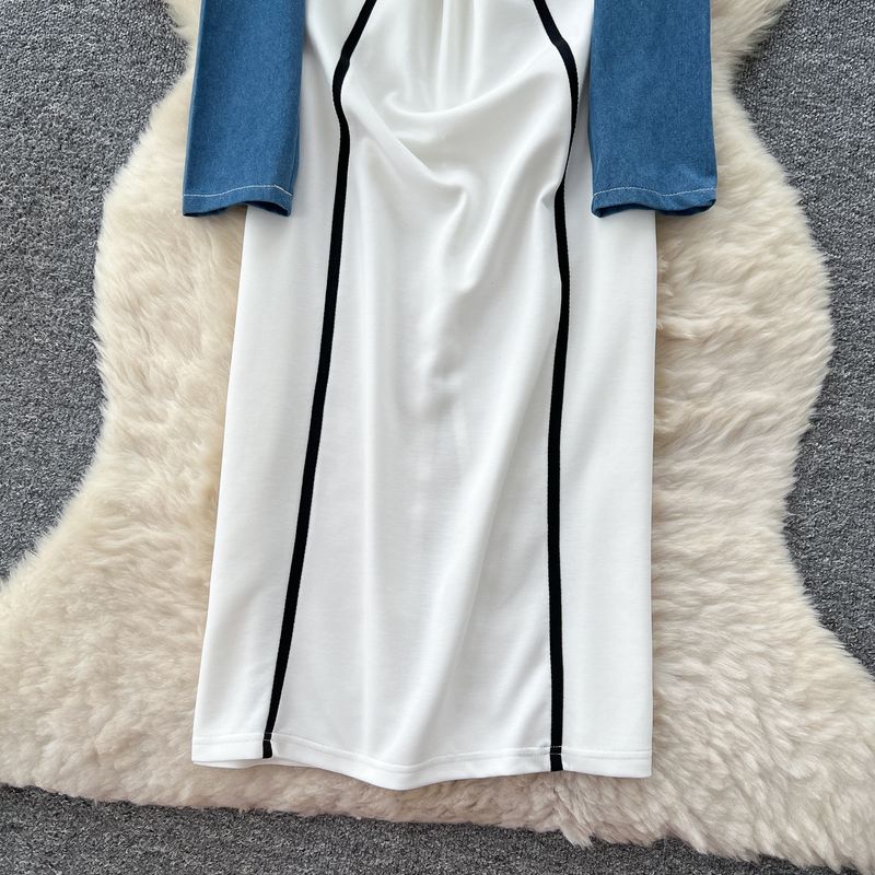 Abito con cappuccio in denim vintage patchwork - Abito midi casual ed elegante da donna, vestibilità slim, vita alta, maniche lunghe, stile pullover_voghion.com